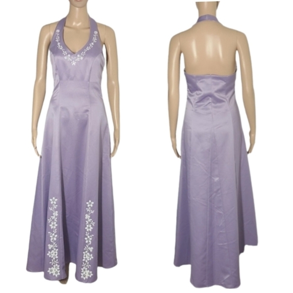 Vintage Dresses & Skirts - Vintage 90s Seasons Design Inc Lilac Silver Halter Prom Dress Embellished Size M